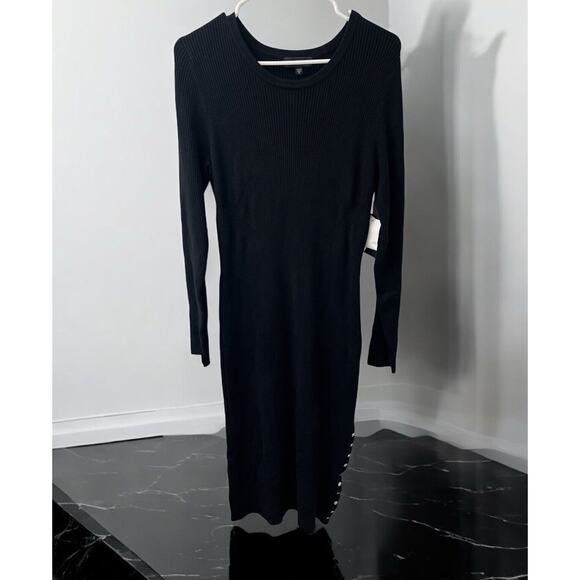 NWT GUESS Bodycon Ribbed Knit Sweater Dress Black Size XL Snaps Slit Long Sleeve - Picture 1 of 9